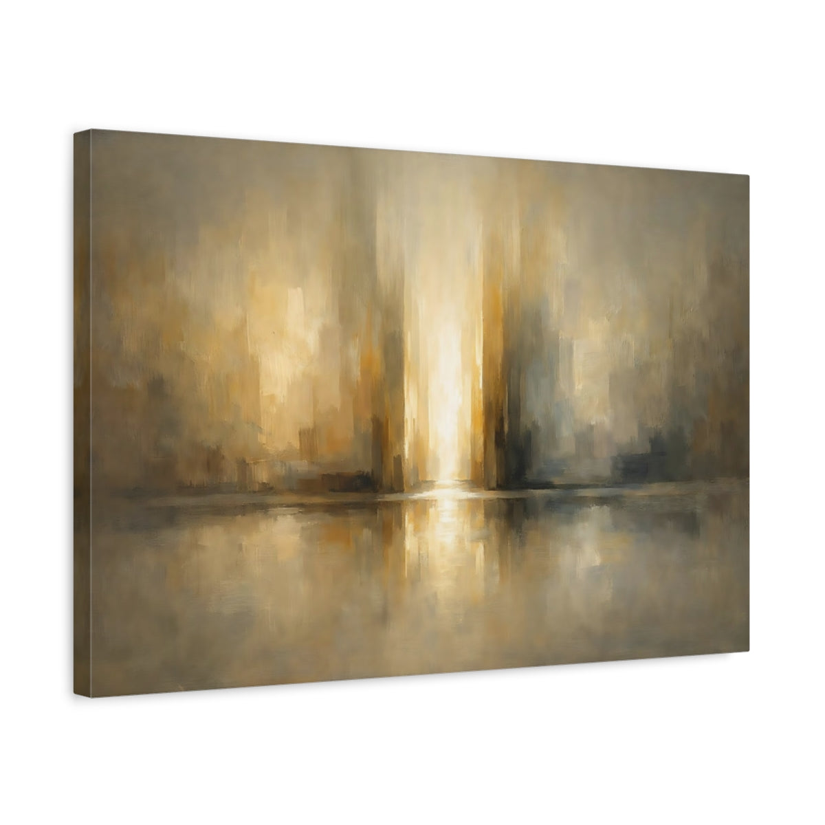 Side Mockup 3. Abstract Light Reflection Golden Abstract shown as stretched canvas wall art