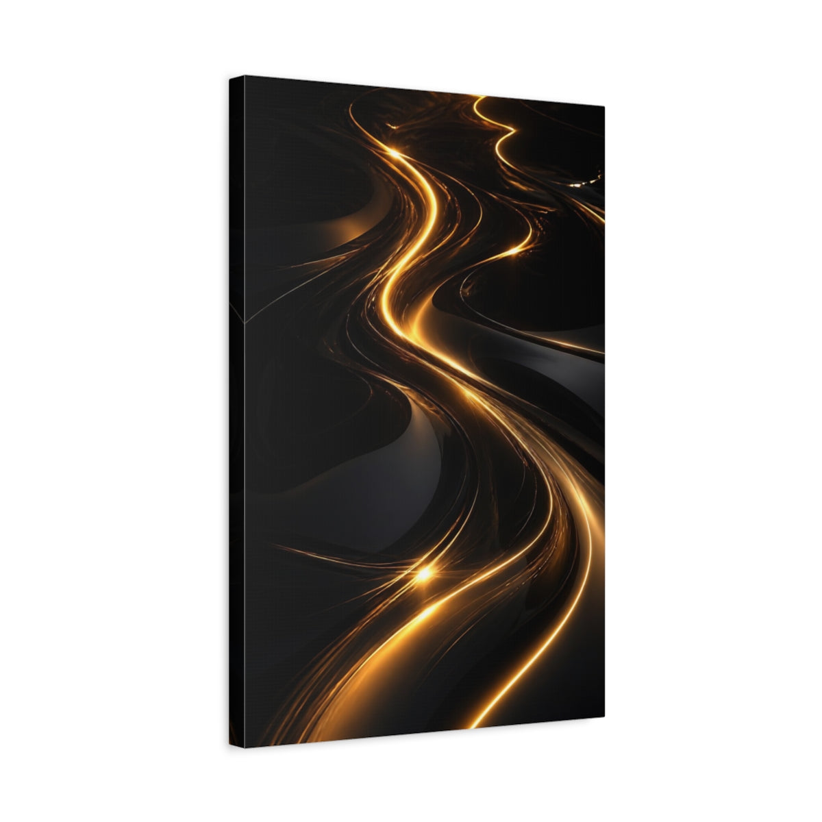 Side Mockup 3. Abstract Light Streaks Golden And Black shown as stretched canvas wall art