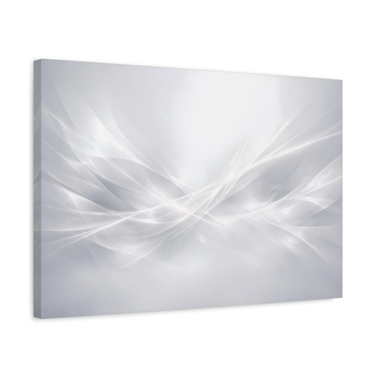 Side Mockup 3. Abstract Light Waves White Grey shown as stretched canvas wall art