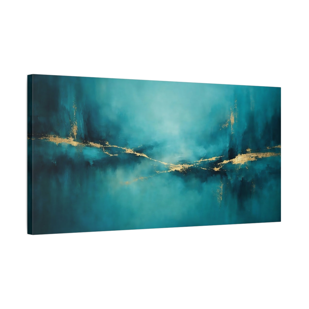 Side Mockup 2. Abstract Abstract Lines Teal And Gold shown as stretched canvas wall art