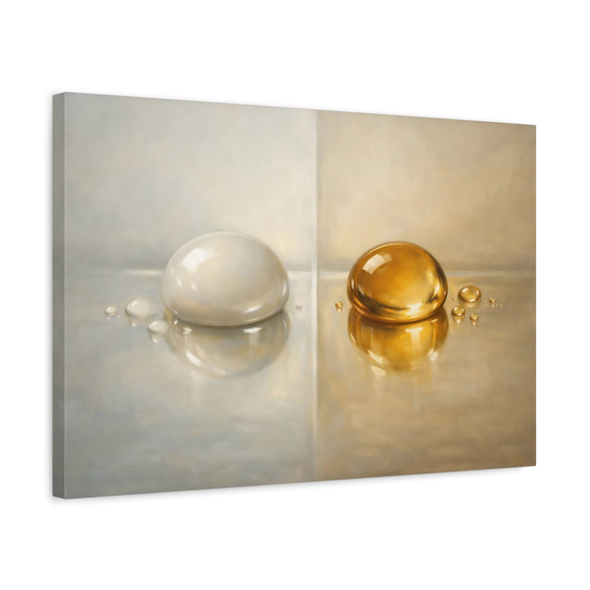 Side Mockup 3. Abstract Liquid Drops Gold And Silver shown as stretched canvas wall art