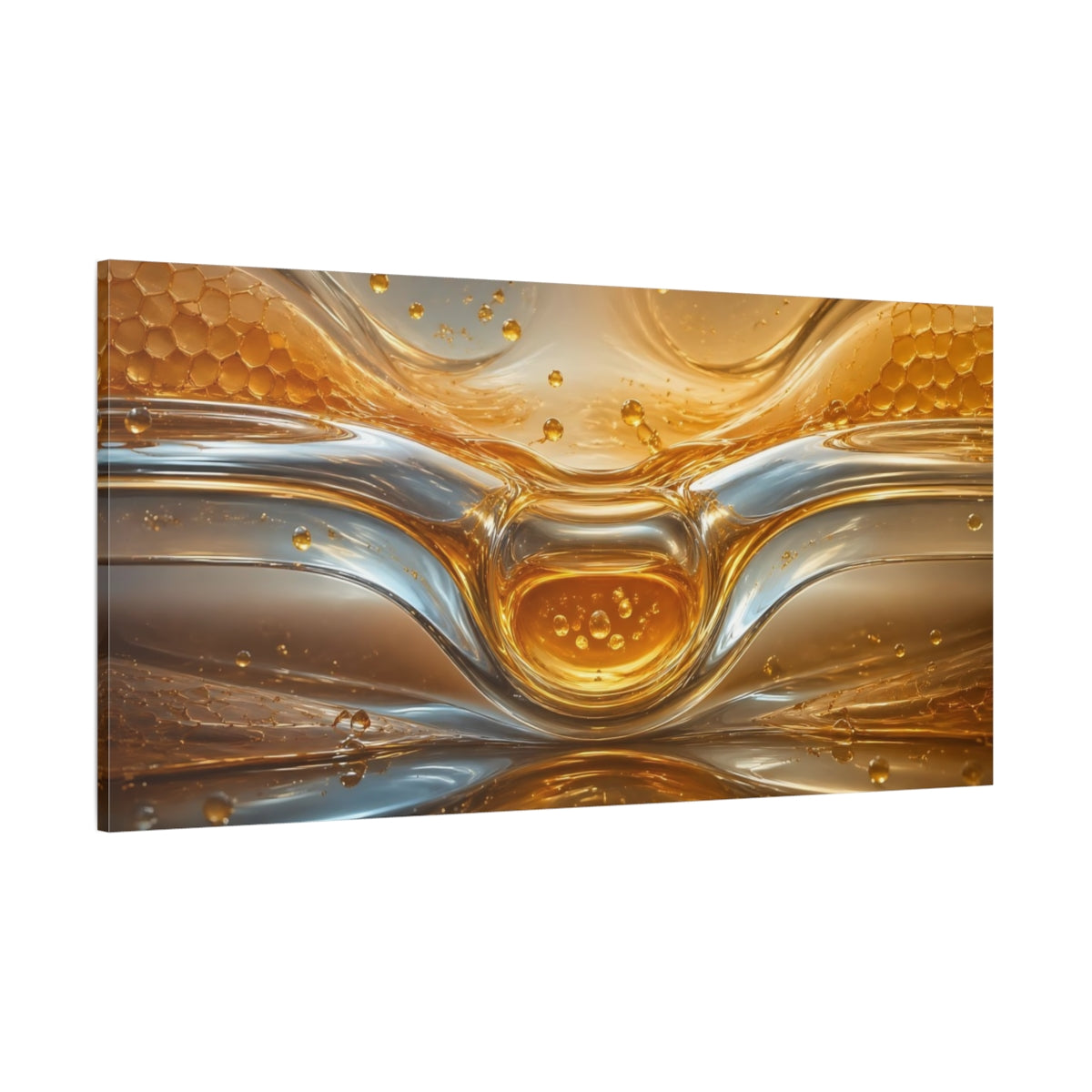 Side Mockup 2. Abstract Liquid Gold Gold And Silver shown as stretched canvas wall art