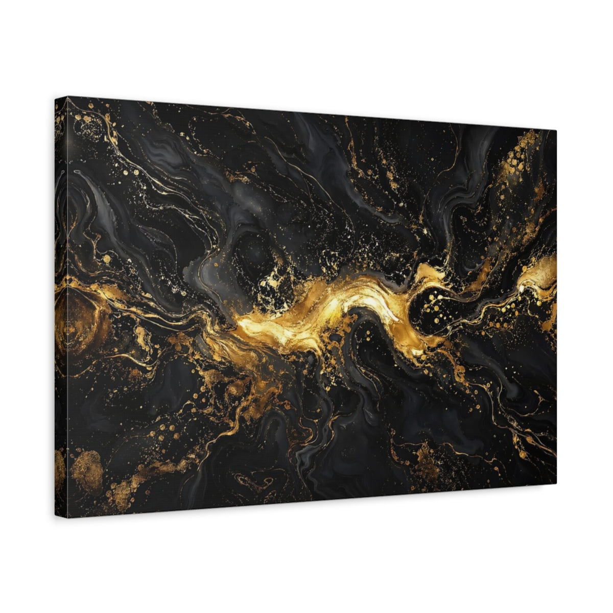 Side Mockup 3. Abstract Liquid Gold Black And Gold shown as stretched canvas wall art