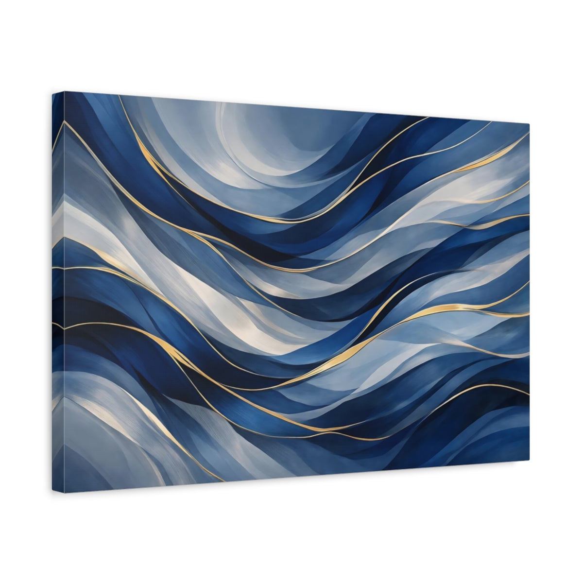 Side Mockup 3. Abstract Fluid Abstract Blue And Gold shown as stretched canvas wall art