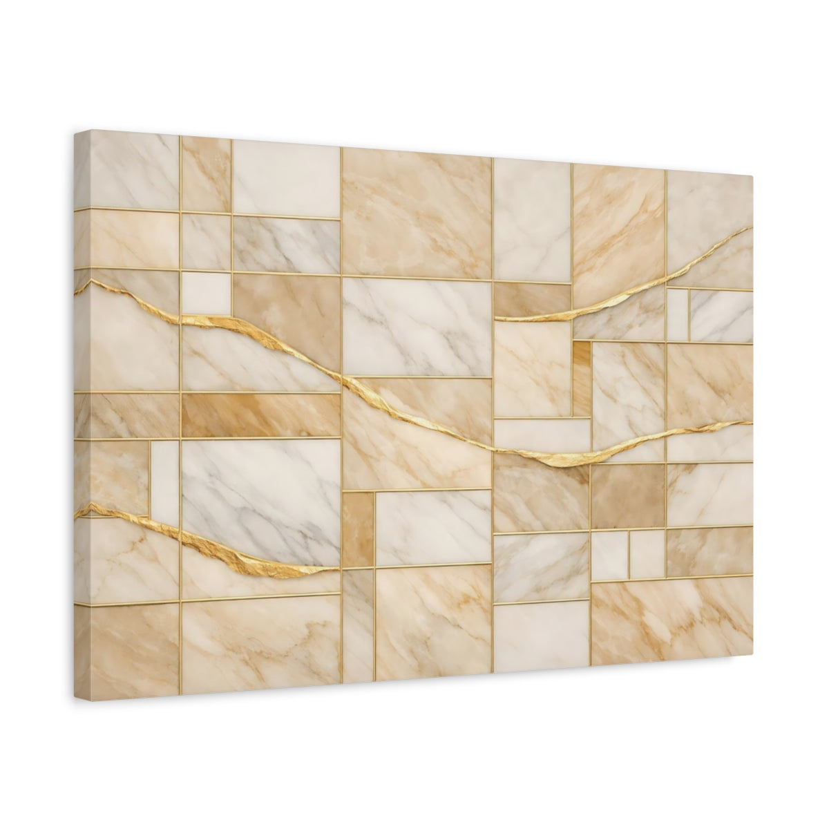Side Mockup 3. Abstract Marble Pattern Beige Gold shown as stretched canvas wall art