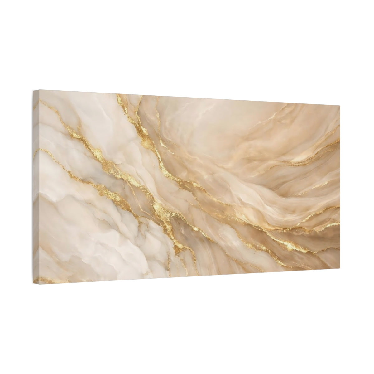 Side Mockup 2. Abstract Marble Texture Beige And Gold shown as stretched canvas wall art