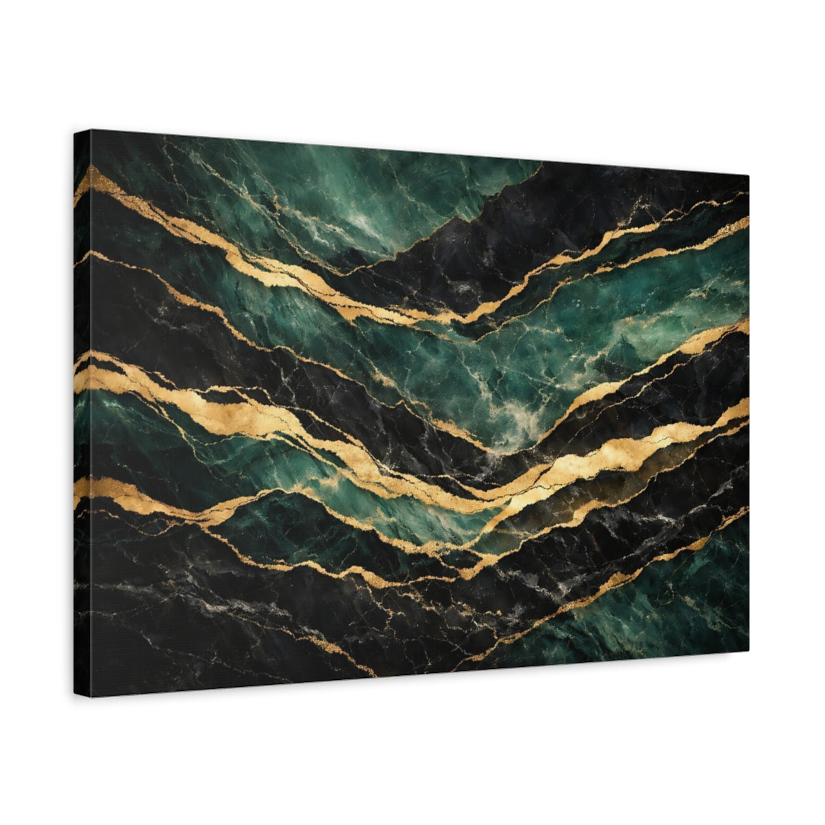 Side Mockup 3. Abstract Marble Veins Green Black Gold shown as stretched canvas wall art