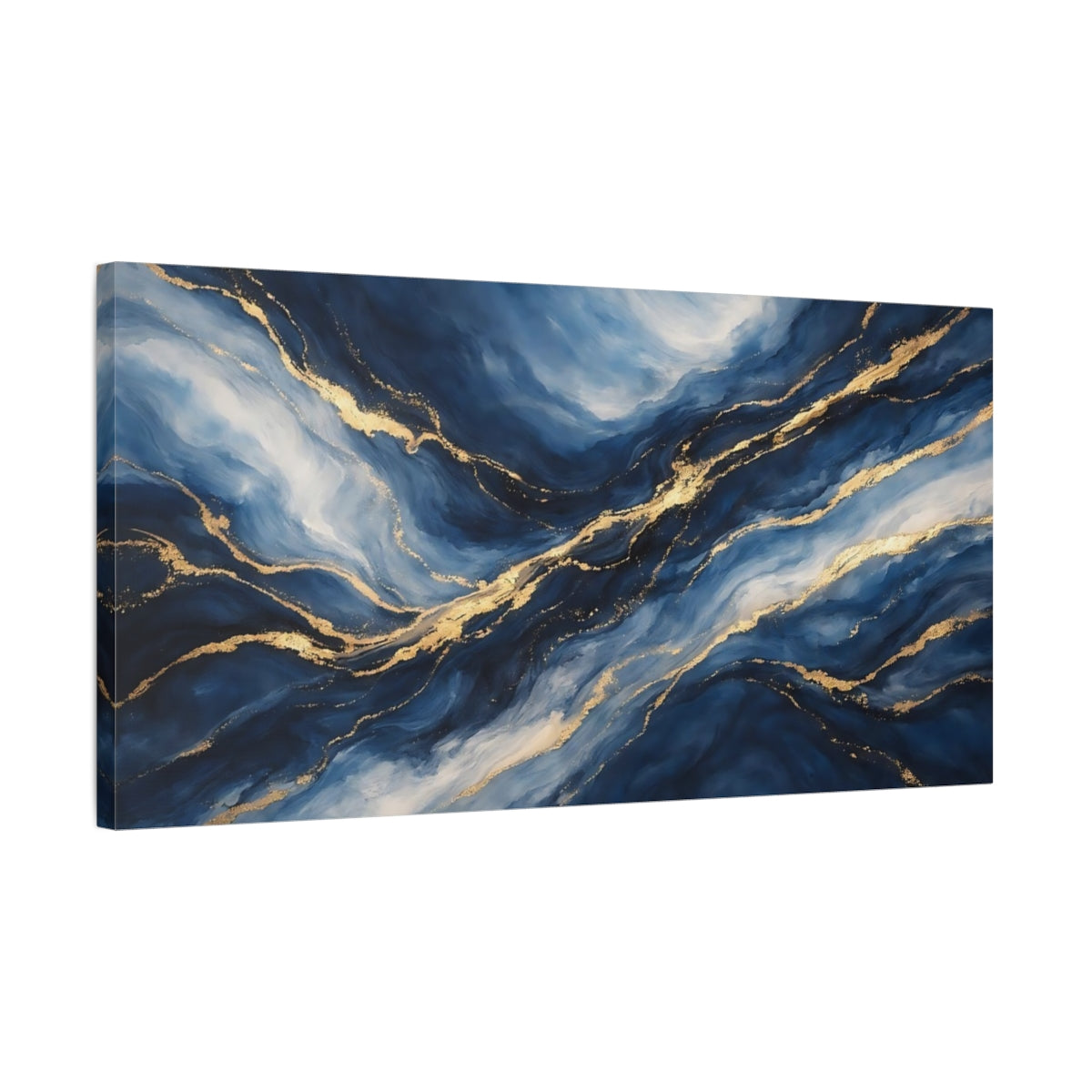 Side Mockup 2. Abstract Abstract Waves Blue And Gold shown as stretched canvas wall art