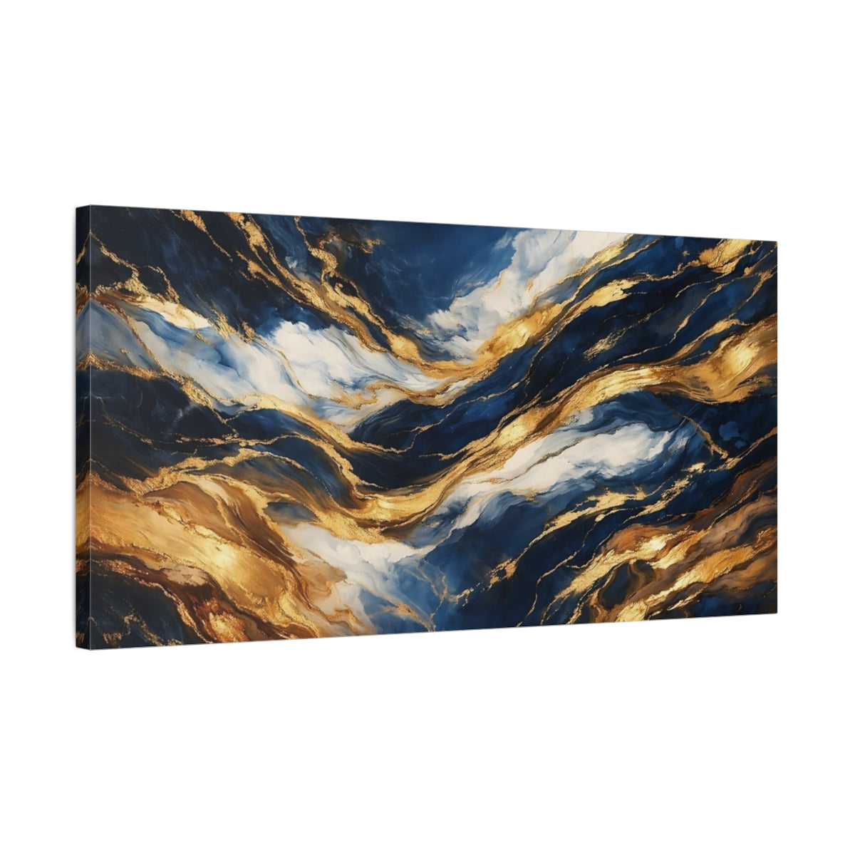 Side Mockup 2. Abstract Abstract Waves Blue And Gold shown as stretched canvas wall art