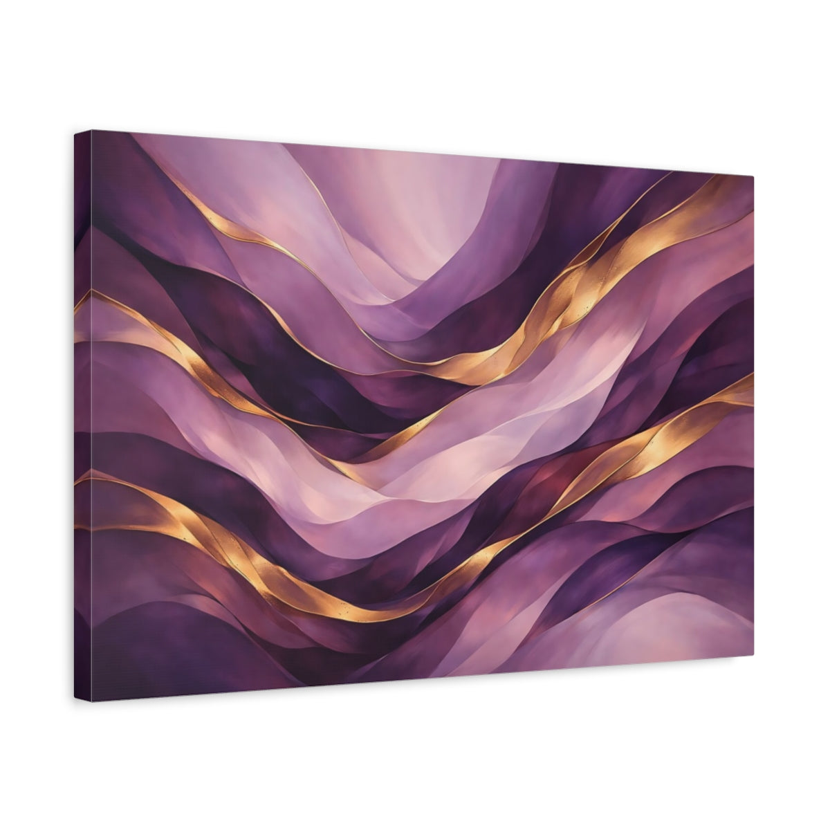 Side Mockup 3. Abstract Wavy Abstraction Purple And Gold shown as stretched canvas wall art