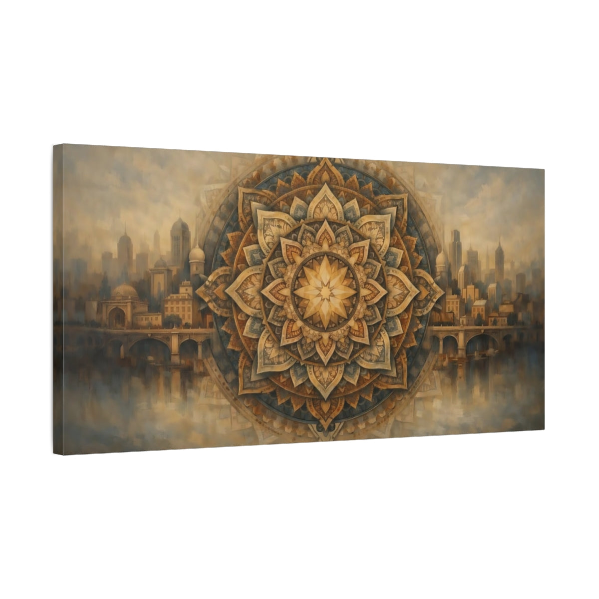 Side Mockup 2. Abstract Mandala Gold Blue Cityscape shown as stretched canvas wall art