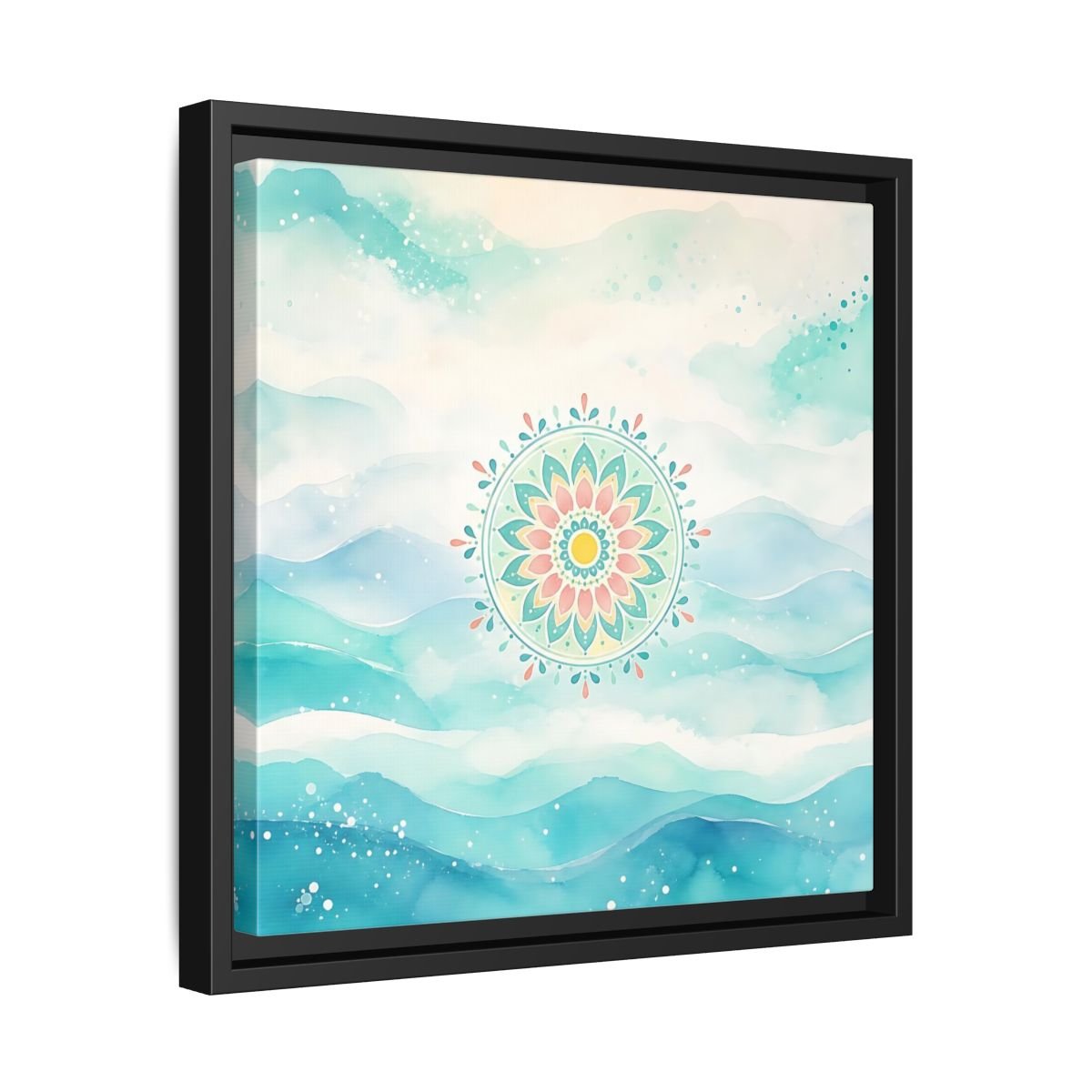 Abstract Mandala Teal Framed Canvas Print Wall Art – watercolor Living Room, Above Couch - YesArtYes