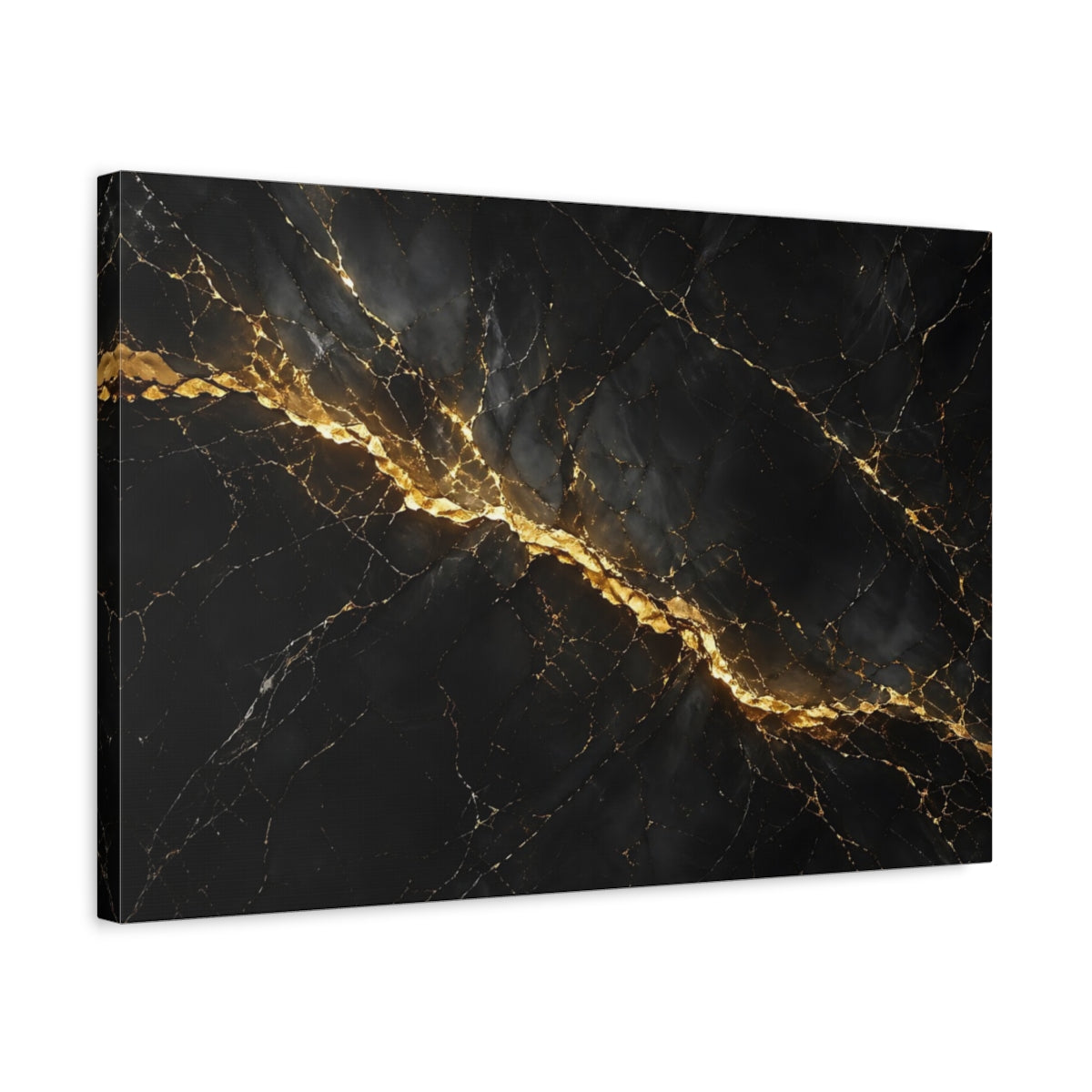 Side Mockup 3. Abstract Marble Black And Gold shown as stretched canvas wall art
