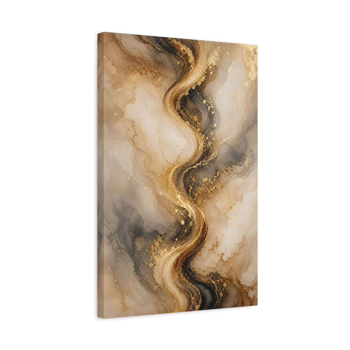 Side Mockup 3. Abstract Abstract Marble Gold And Black Marble shown as stretched canvas wall art