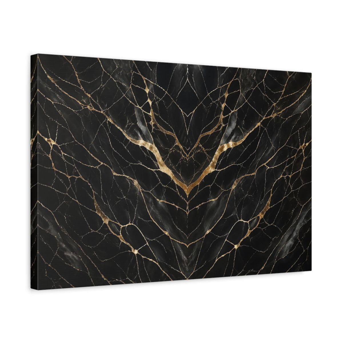 Side Mockup 3. Abstract Marble Pattern Black Gold shown as stretched canvas wall art