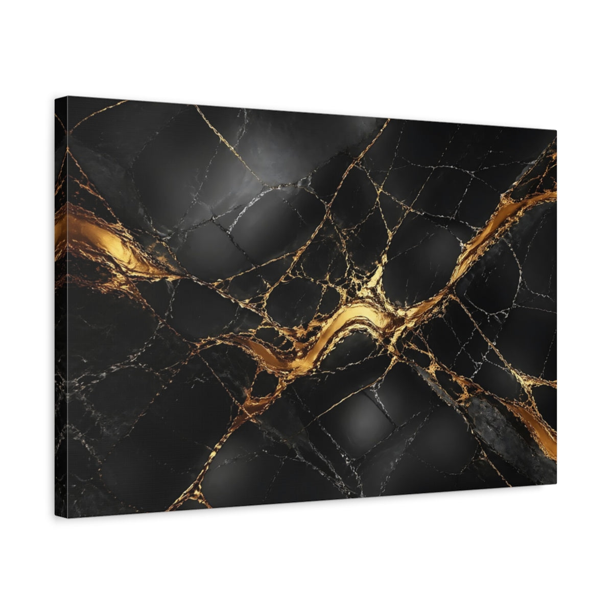 Side Mockup 3. Abstract Marble Texture Black And Gold shown as stretched canvas wall art