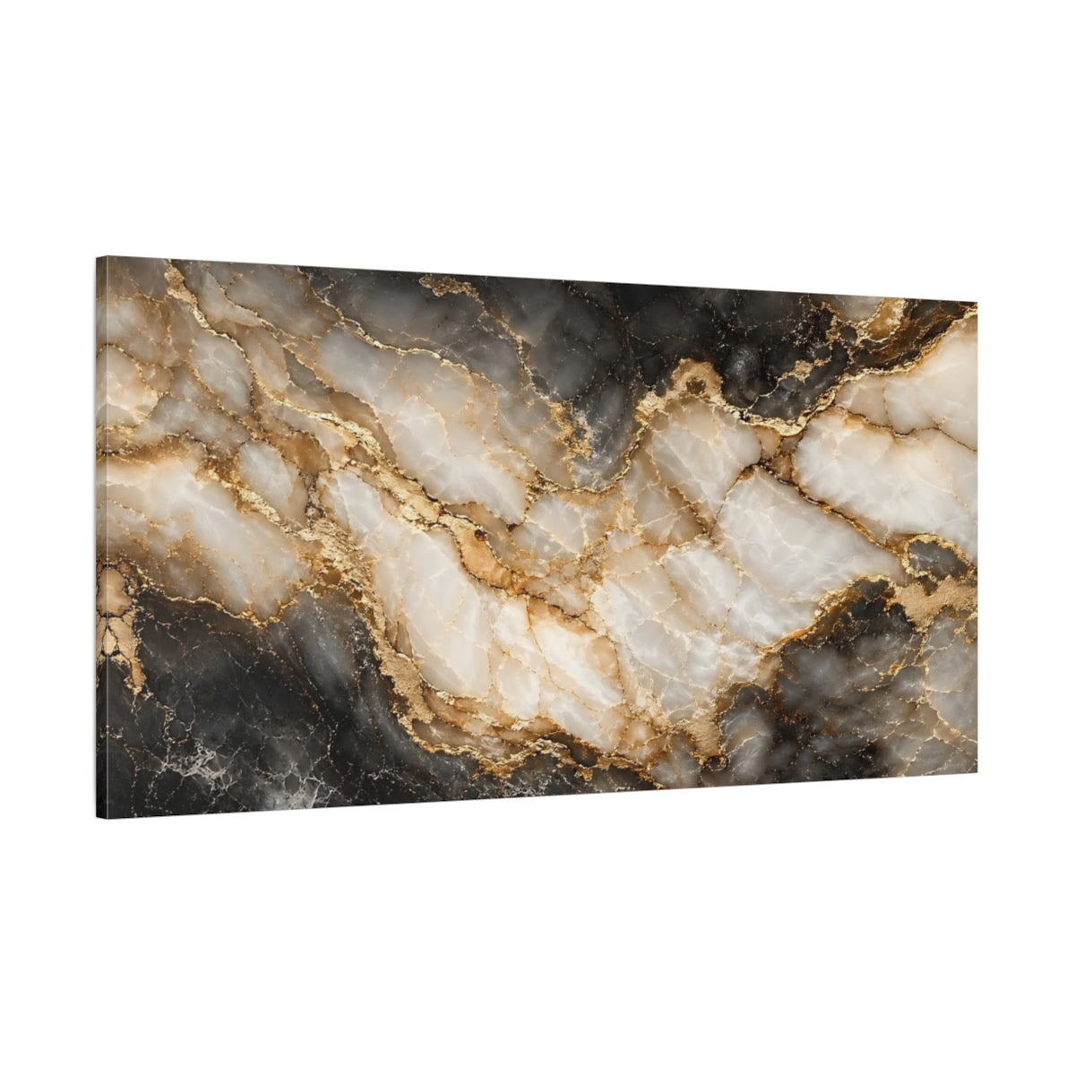 Side Mockup 2. Abstract Marble Texture Black Gold Marble shown as stretched canvas wall art