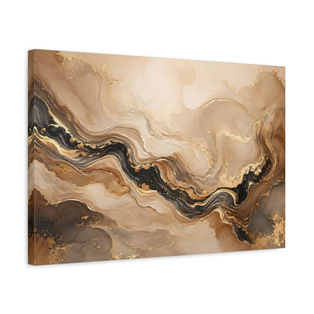 Side Mockup 3. Abstract Marble Texture Gold And Black Marble shown as stretched canvas wall art