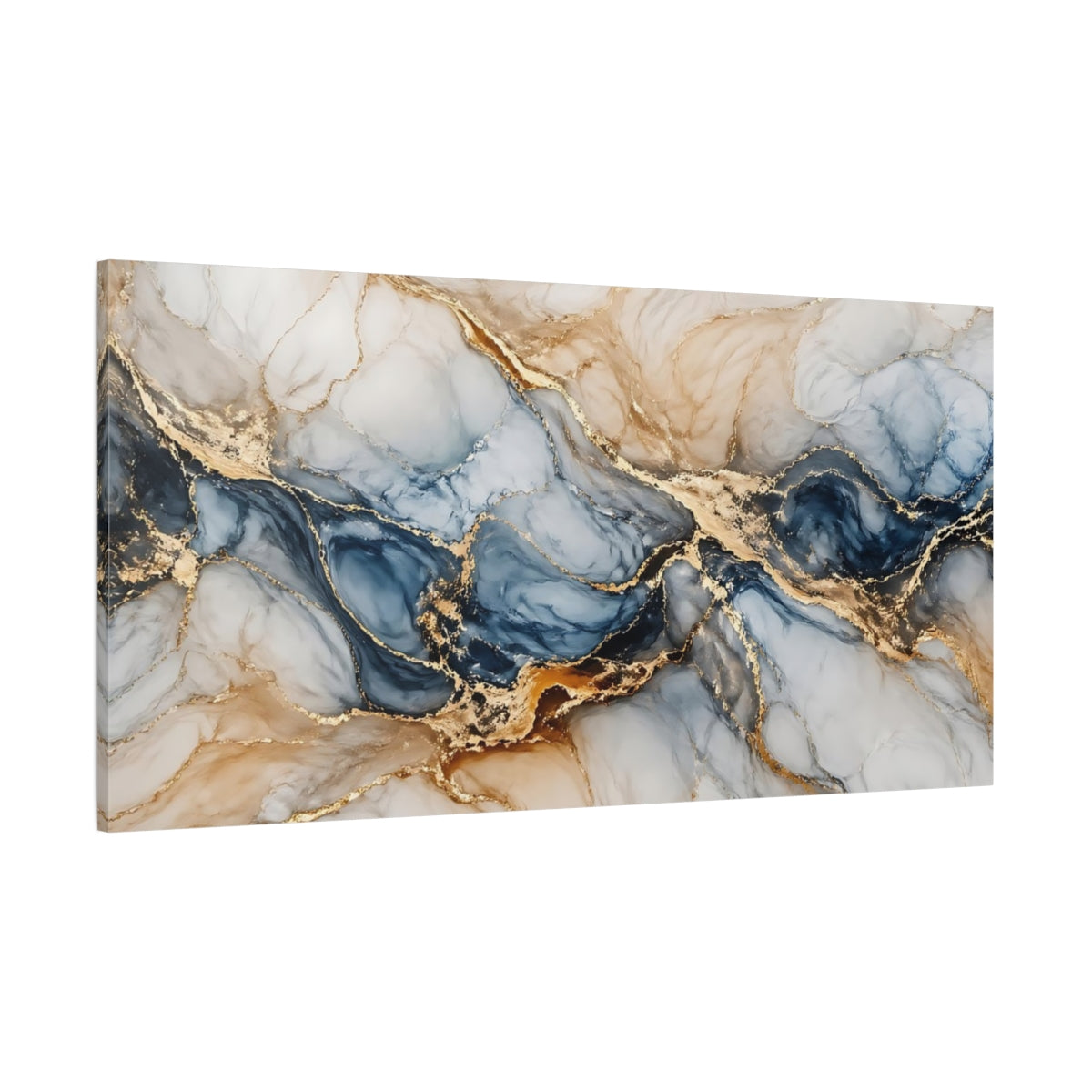 Side Mockup 2. Abstract Marble Veins Blue Gold Marble shown as stretched canvas wall art