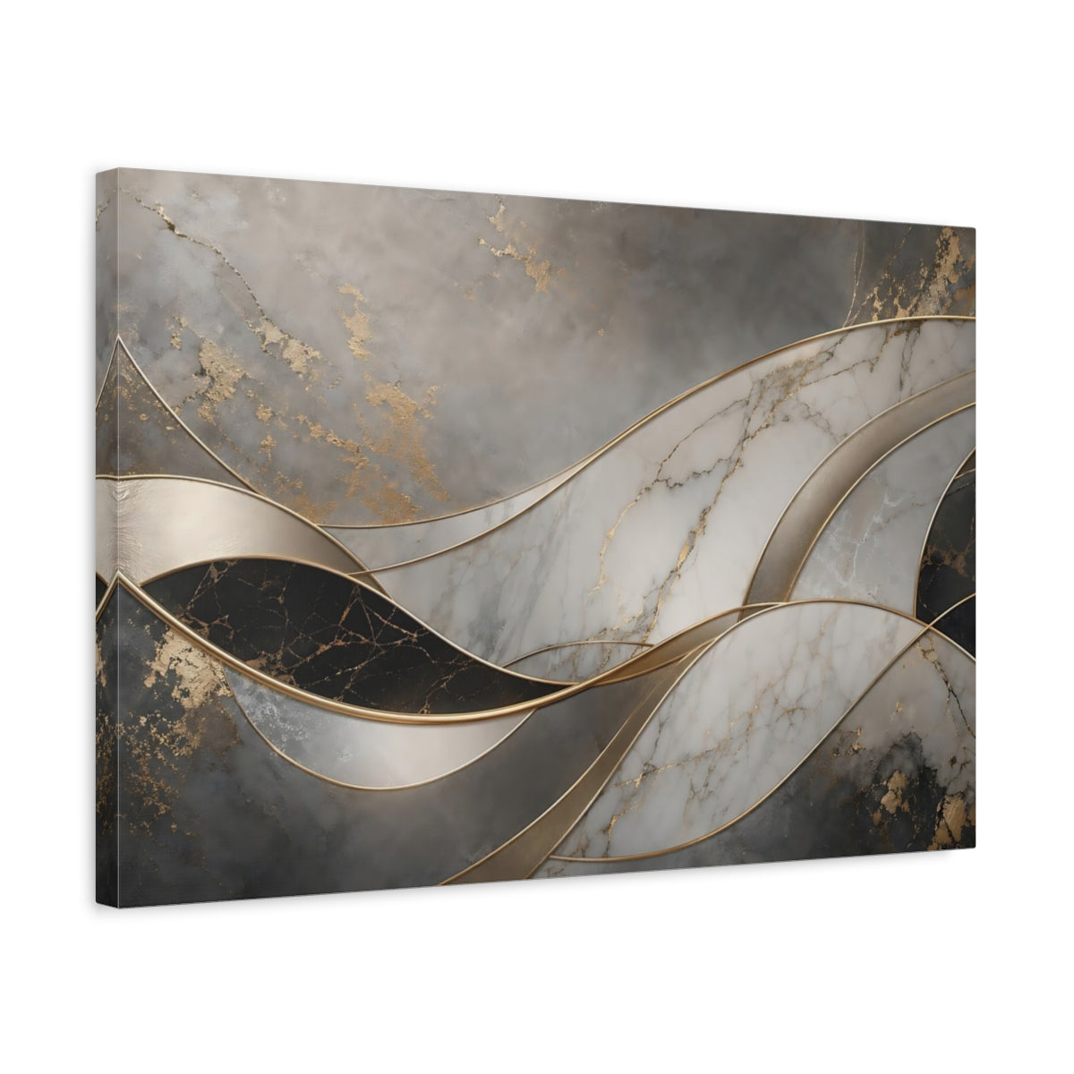 Side Mockup 3. Abstract Marble Waves Gray Gold Abstract shown as stretched canvas wall art