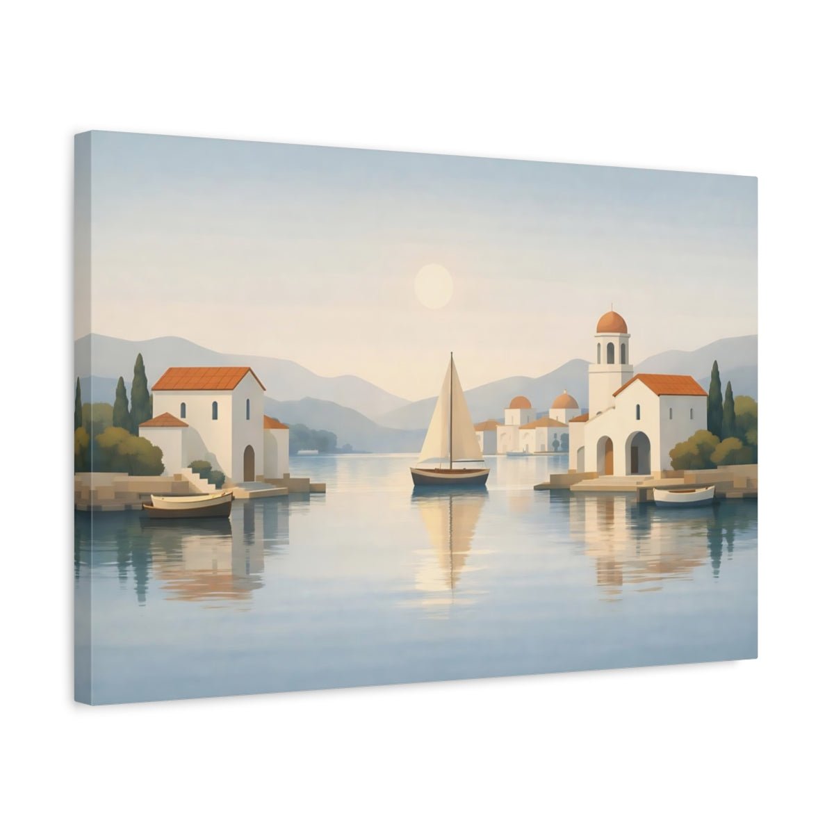 Abstract Mediterranean Harbor View Sailboat Village Nature - Canvas Wall Art Print - YesArtYes