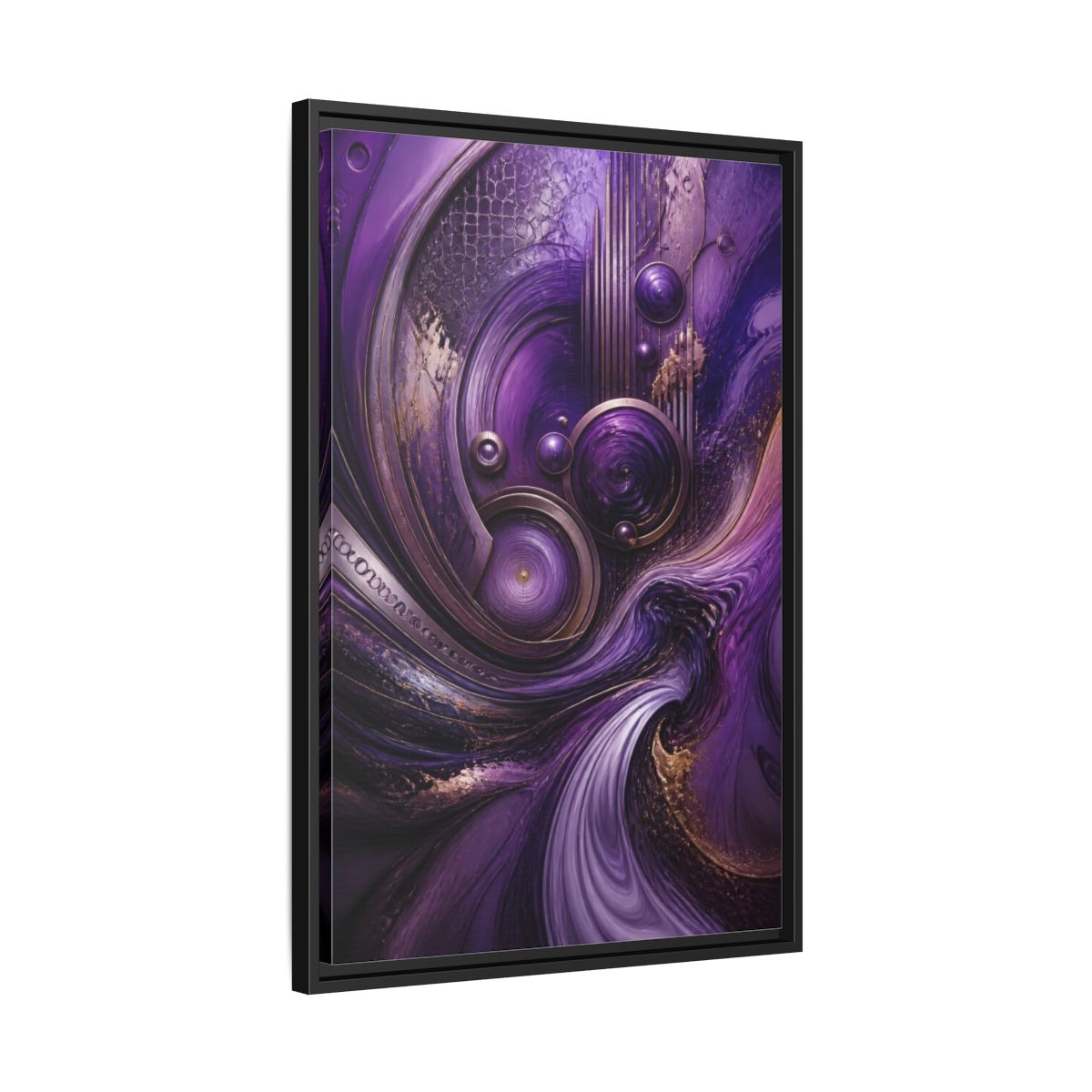 Side Mockup 14. Abstract Metallic Circles shown as framed canvas print