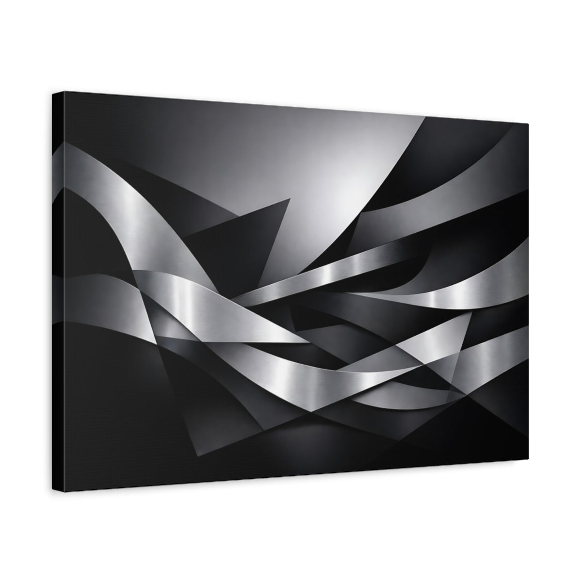 Side Mockup 3. Abstract Metallic Ribbons Silver And Black shown as stretched canvas wall art