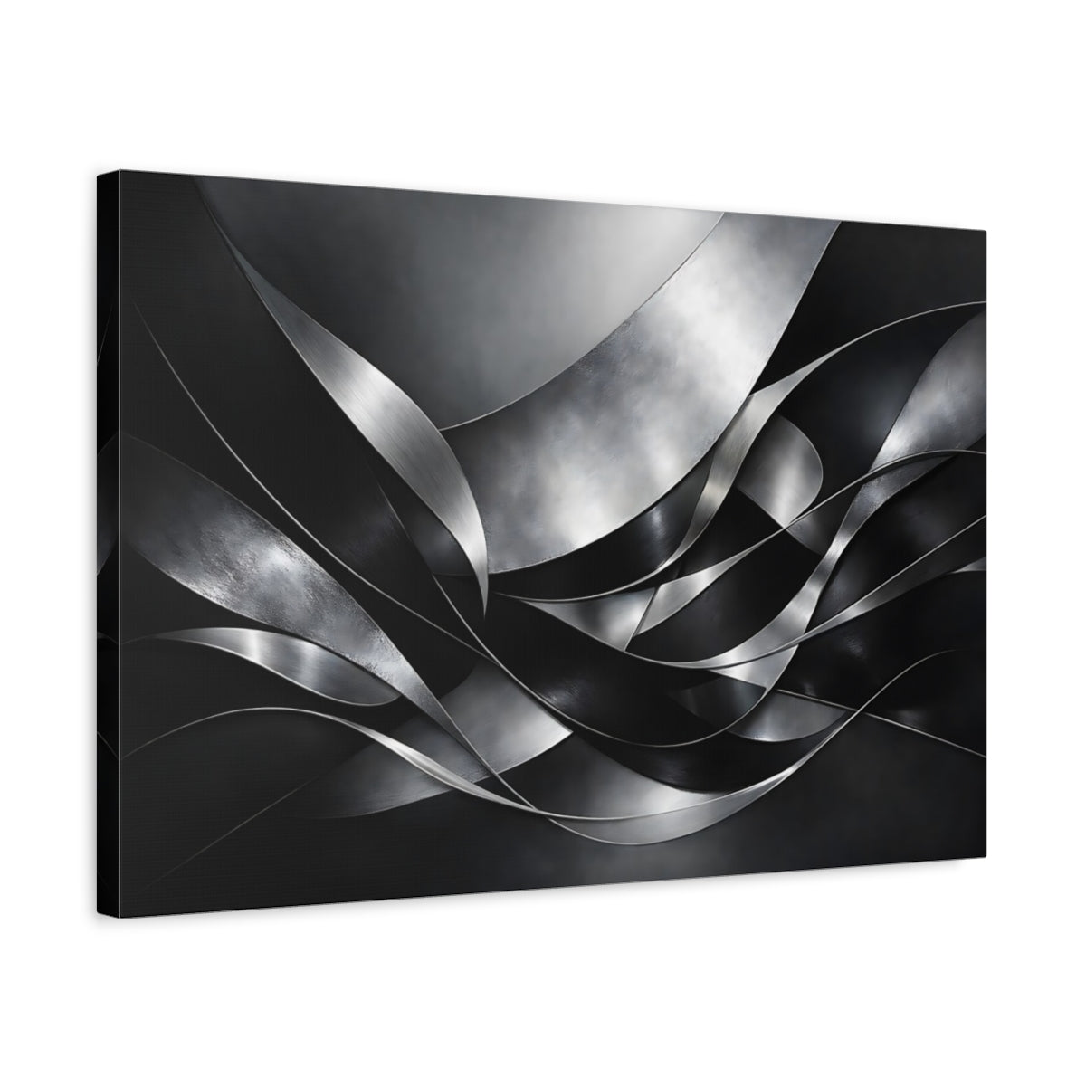 Side Mockup 3. Abstract Metallic Ribbons Silver And Black shown as stretched canvas wall art
