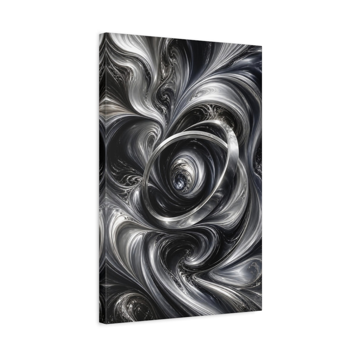 Side Mockup 3. Abstract Metallic Vortex Black And Silver shown as stretched canvas wall art