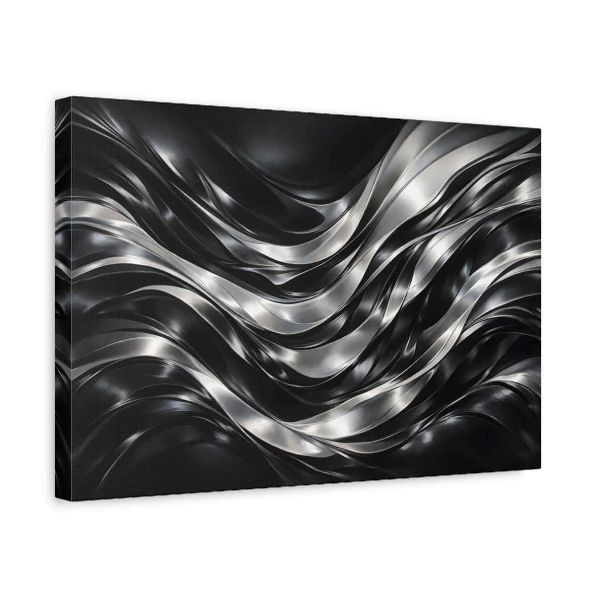 Side Mockup 4. Abstract Metallic Waves Black Silver Waves shown as stretched canvas wall art