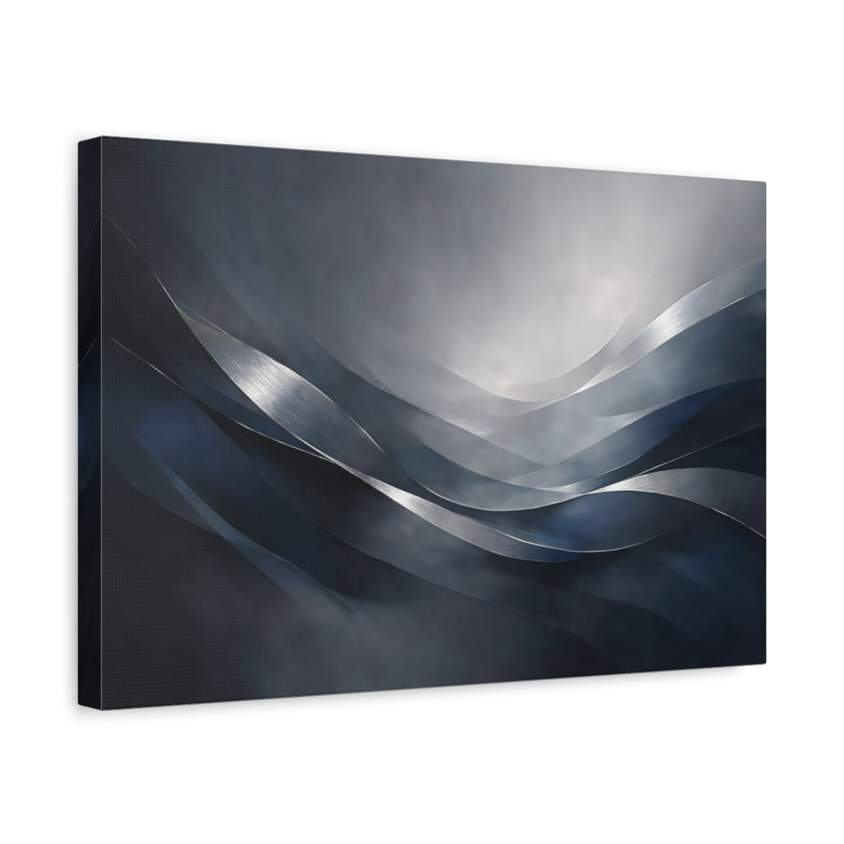 Side Mockup 4. Abstract Metallic Waves Blue Grey shown as stretched canvas wall art