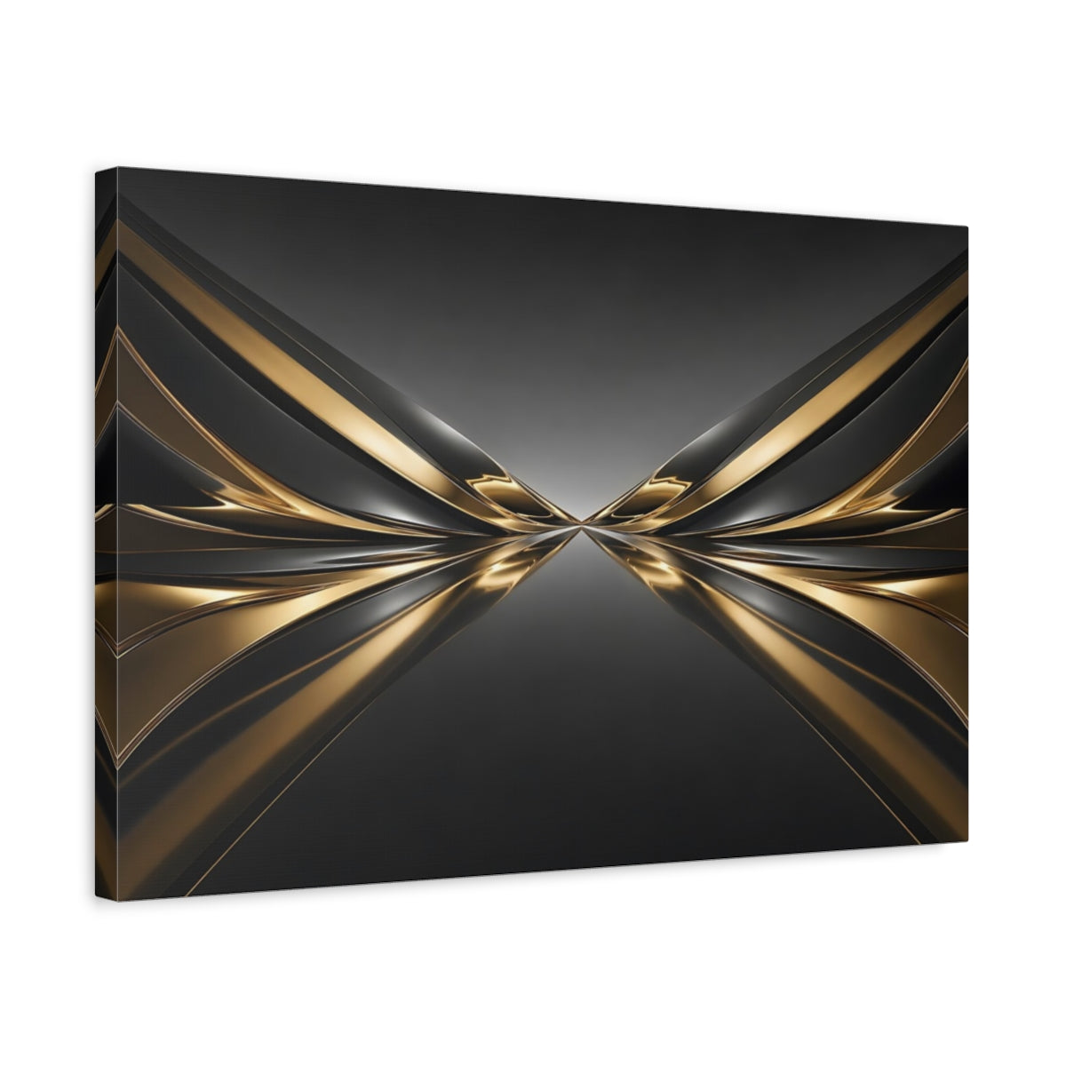 Side Mockup 3. Abstract Metallic Waves Gold And Black shown as stretched canvas wall art