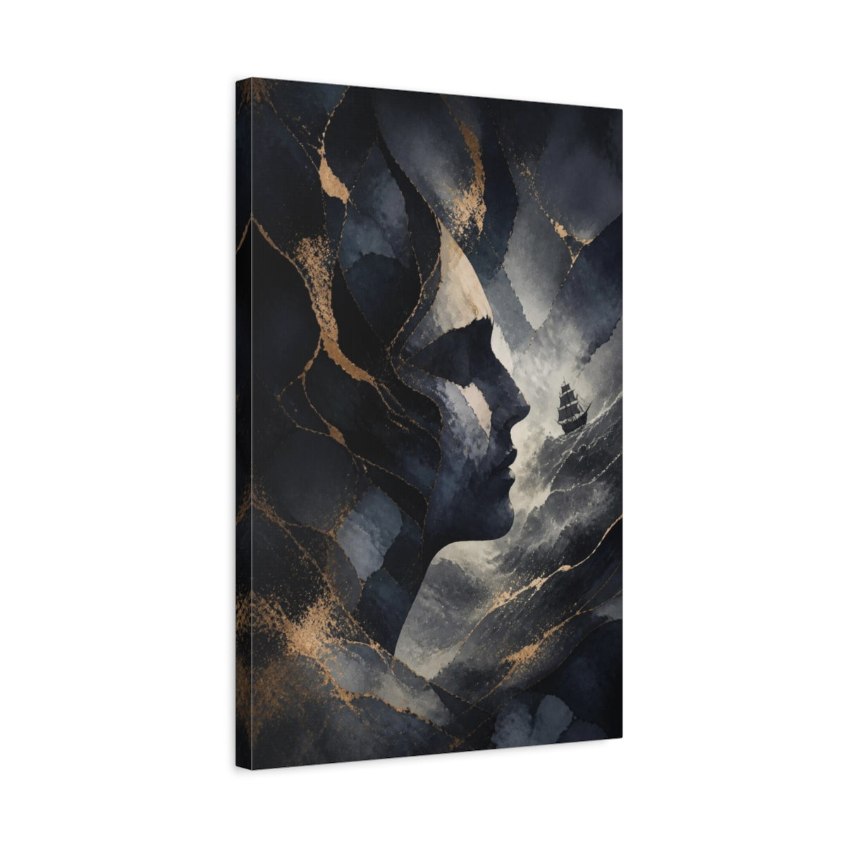 Side Mockup 3. Abstract Midnight Profile Ship shown as canvas print