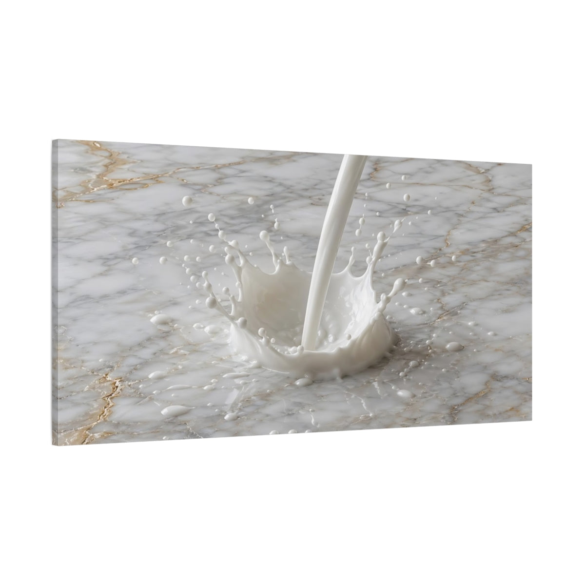 Side Mockup 2. Abstract Milk Splash White And Gold shown as stretched canvas wall art
