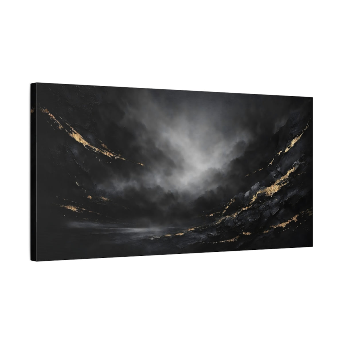 Side Mockup 2. Abstract Abstract Art Black And Gold shown as stretched canvas wall art