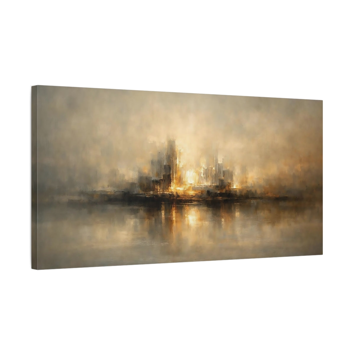 Side Mockup 2. Abstract Cityscape Gold And Grey City shown as stretched canvas wall art