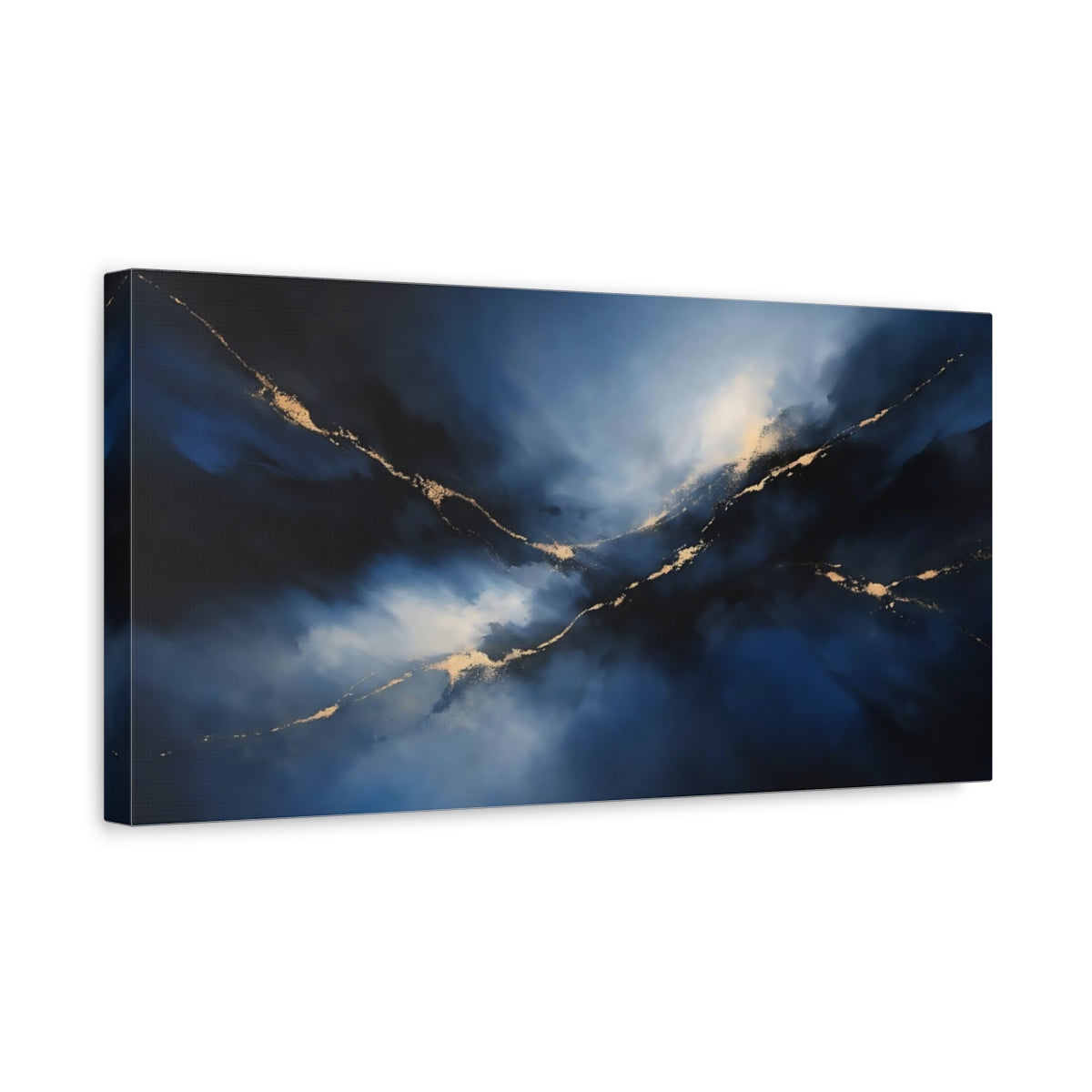 Side Mockup 3. Abstract Abstract Flow Blue And Gold shown as stretched canvas wall art