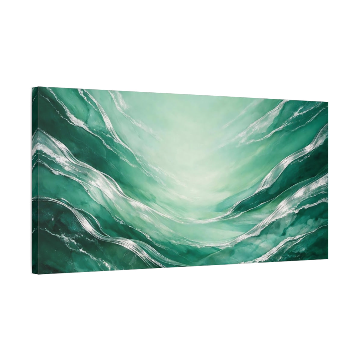 Side Mockup 2. Abstract Abstract Flow Emerald Green Silver shown as stretched canvas wall art