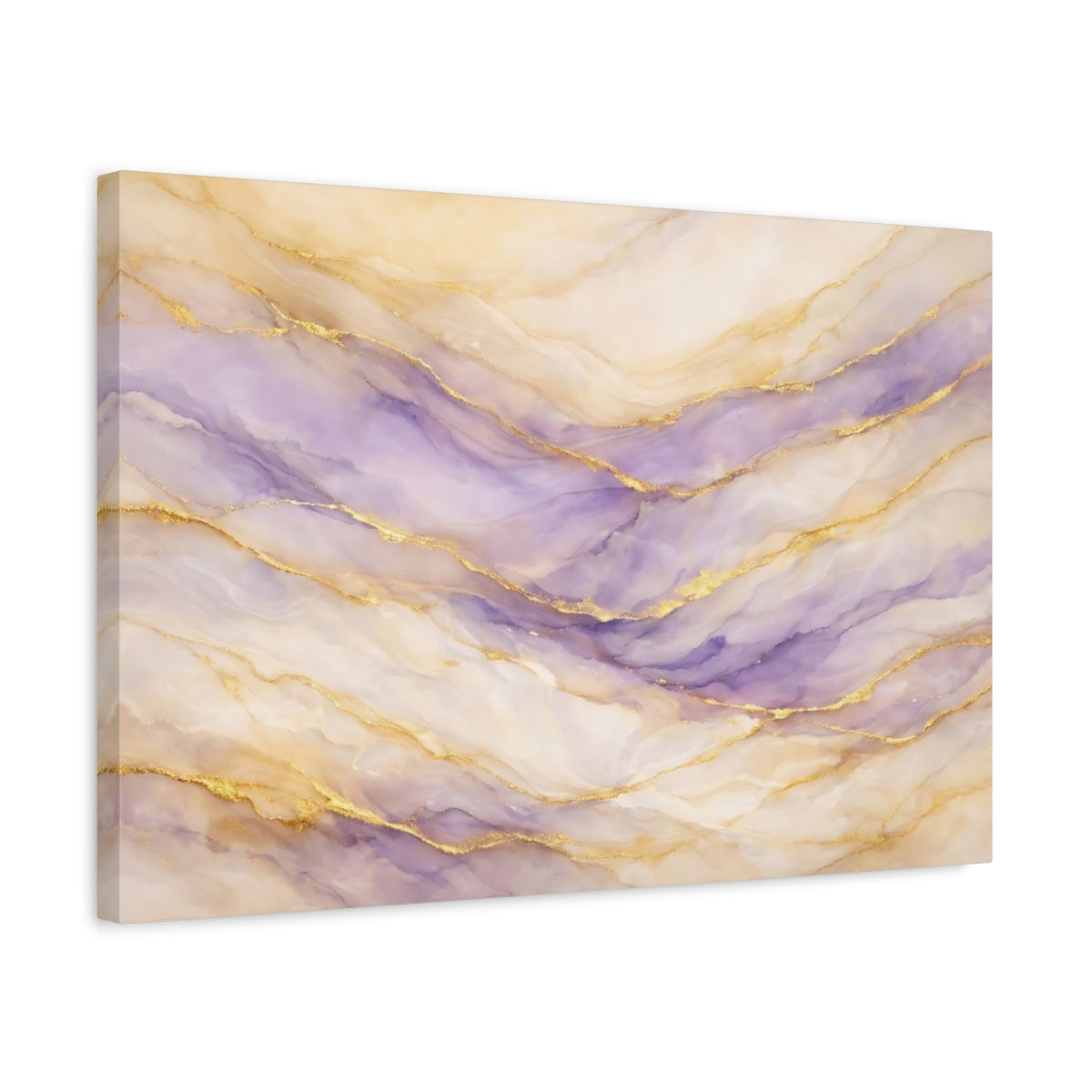 Side Mockup 3. Abstract Fluid Art Purple And Gold shown as stretched canvas wall art