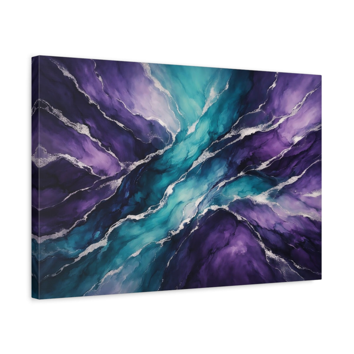 Side Mockup 3. Abstract Fluid Art Purple Teal shown as stretched canvas wall art