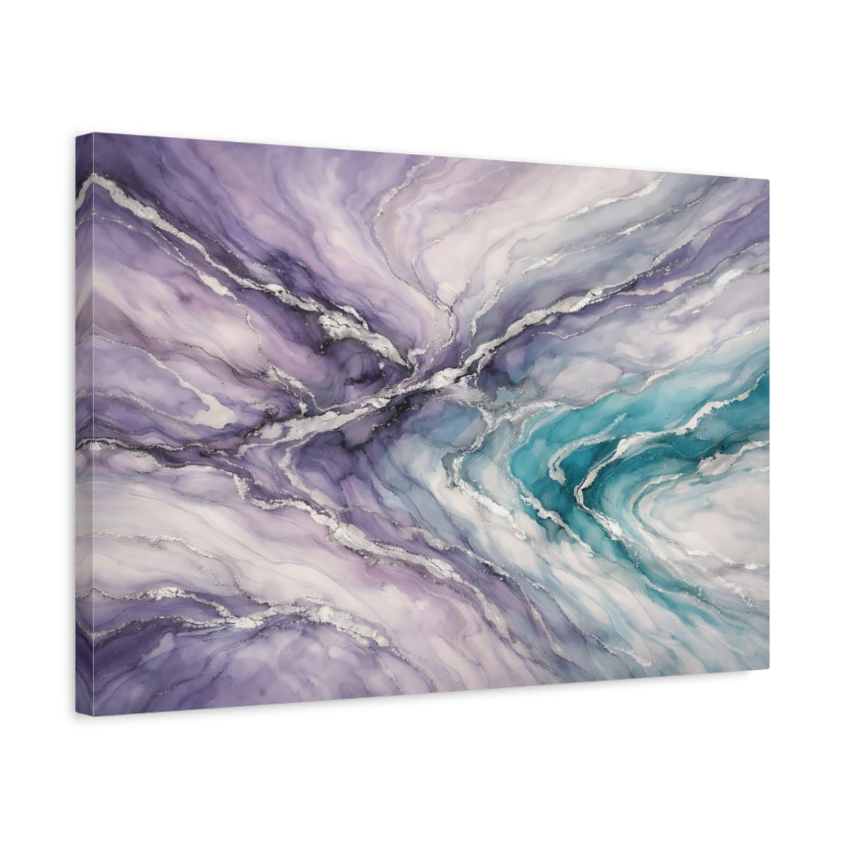 Side Mockup 3. Abstract Fluid Art Purple Teal Silver shown as stretched canvas wall art