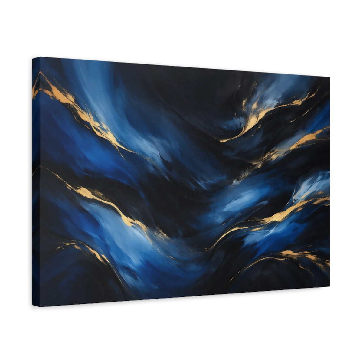 Side Mockup 3. Abstract Fluid Abstract Blue And Gold shown as stretched canvas wall art