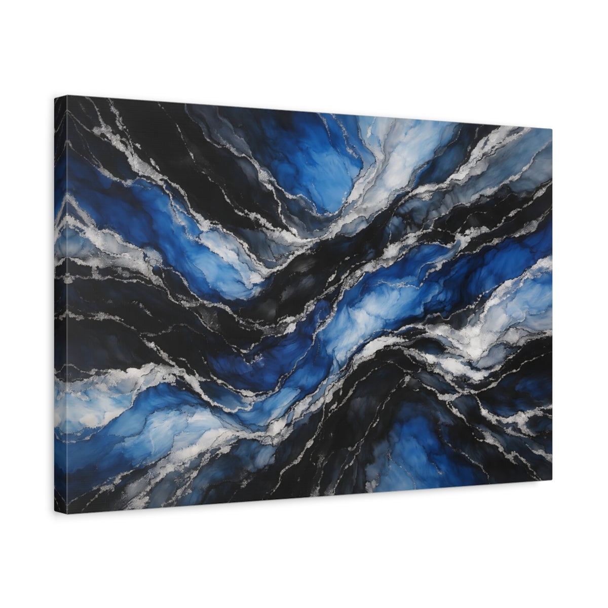 Side Mockup 3. Abstract Fluid Layers Blue Silver Abstract shown as stretched canvas wall art