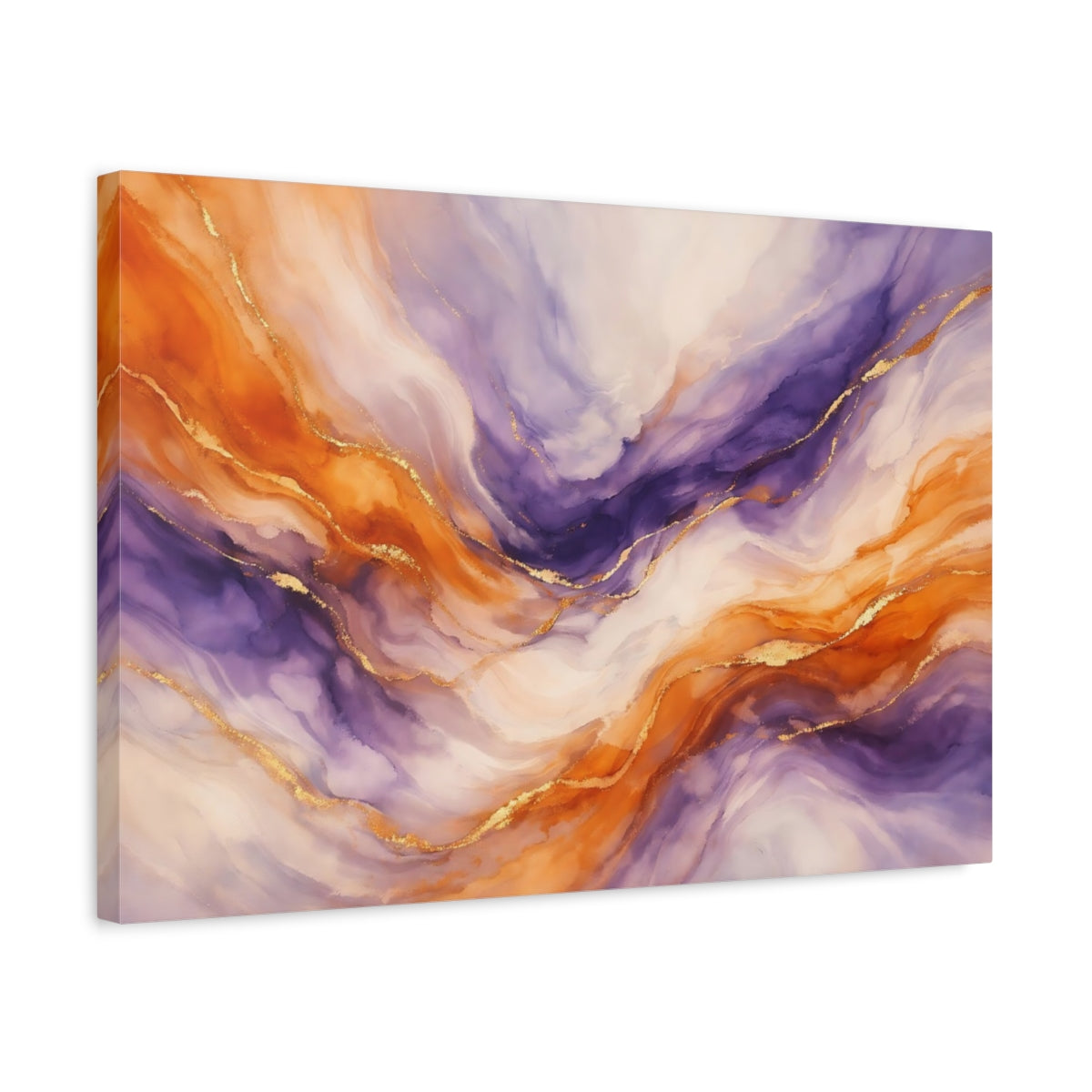Side Mockup 3. Abstract Fluid Abstract Orange Purple Gold shown as stretched canvas wall art