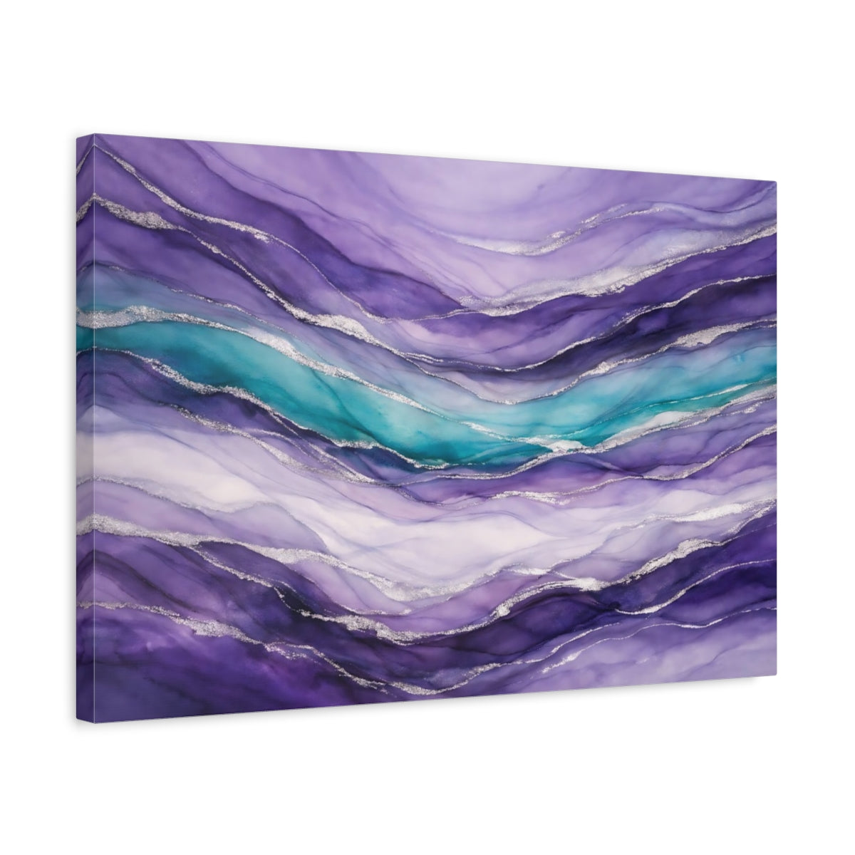 Side Mockup 3. Abstract Fluid Abstract Purple Teal Silver shown as stretched canvas wall art