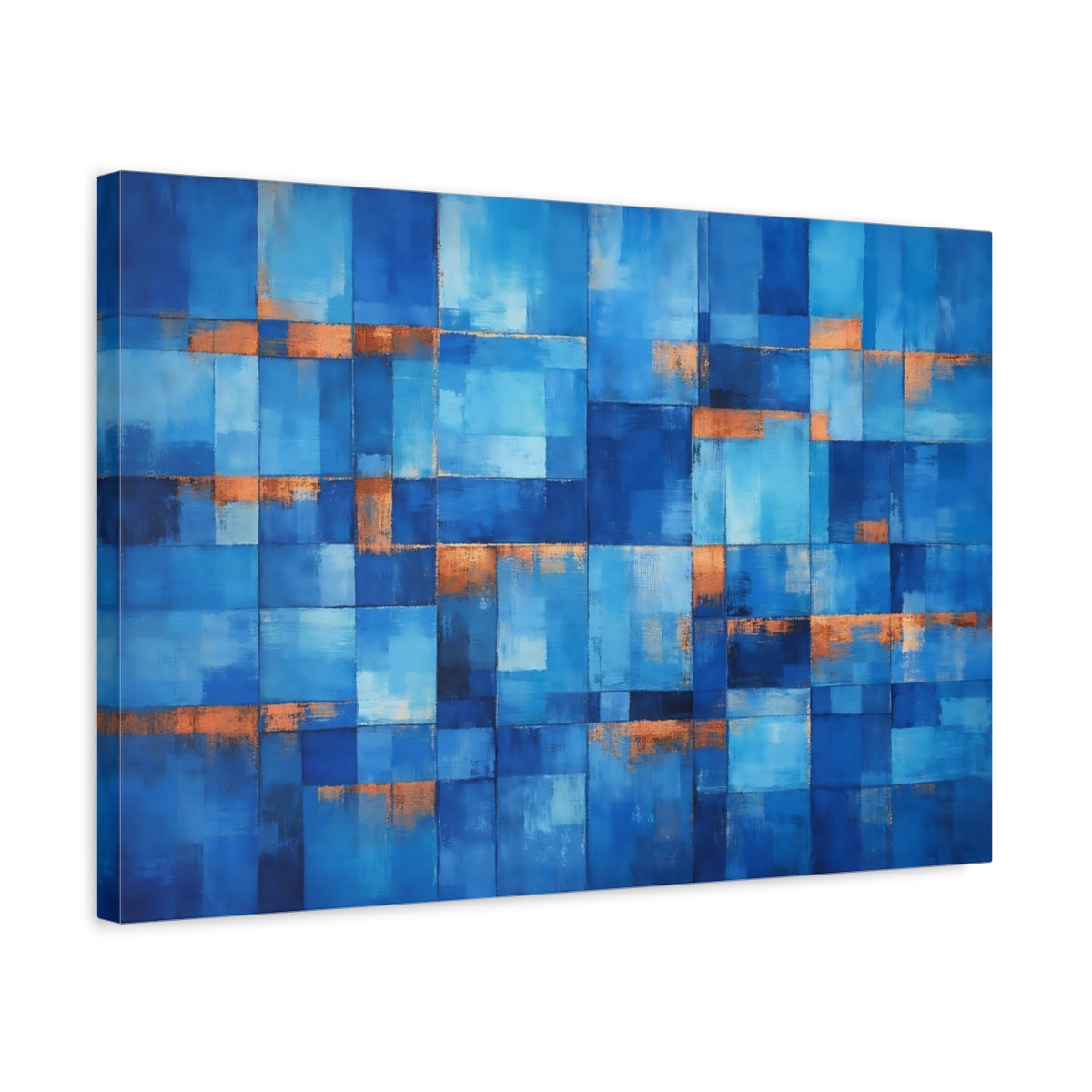 Side Mockup 3. Abstract Geometric Blocks Blue Copper shown as stretched canvas wall art