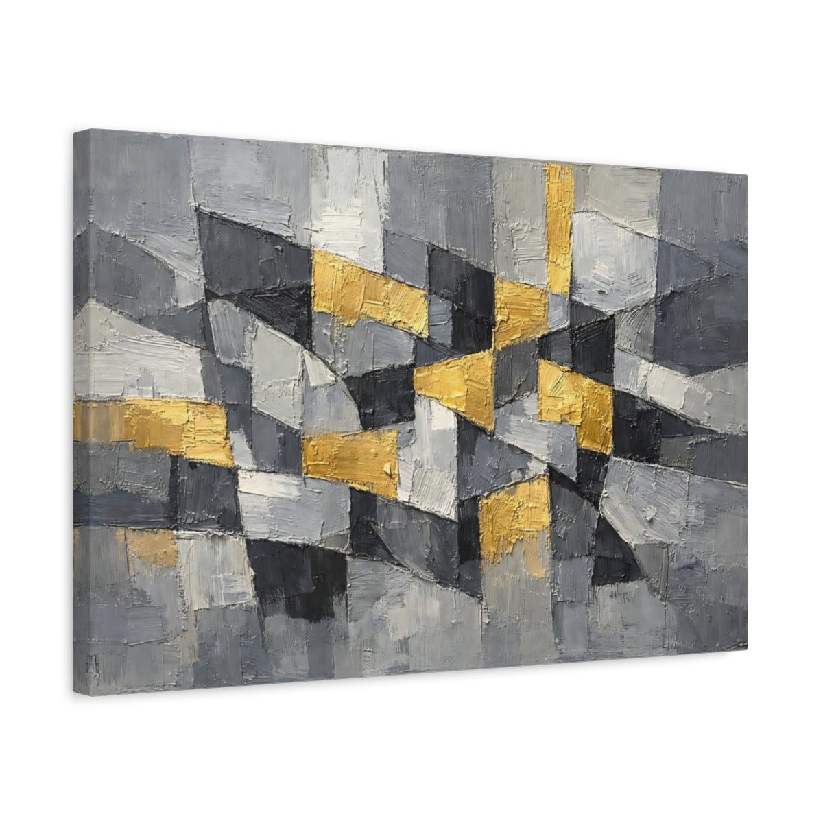 Side Mockup 3. Abstract Geometric Blocks Grey And Gold shown as stretched canvas wall art