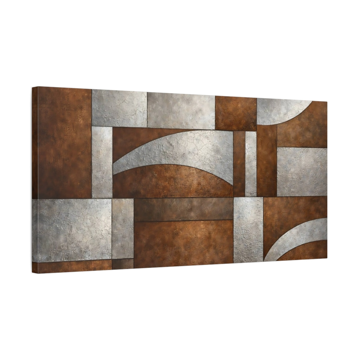 Side Mockup 2. Abstract Geometric Pattern Bronze And Silver shown as stretched canvas wall art