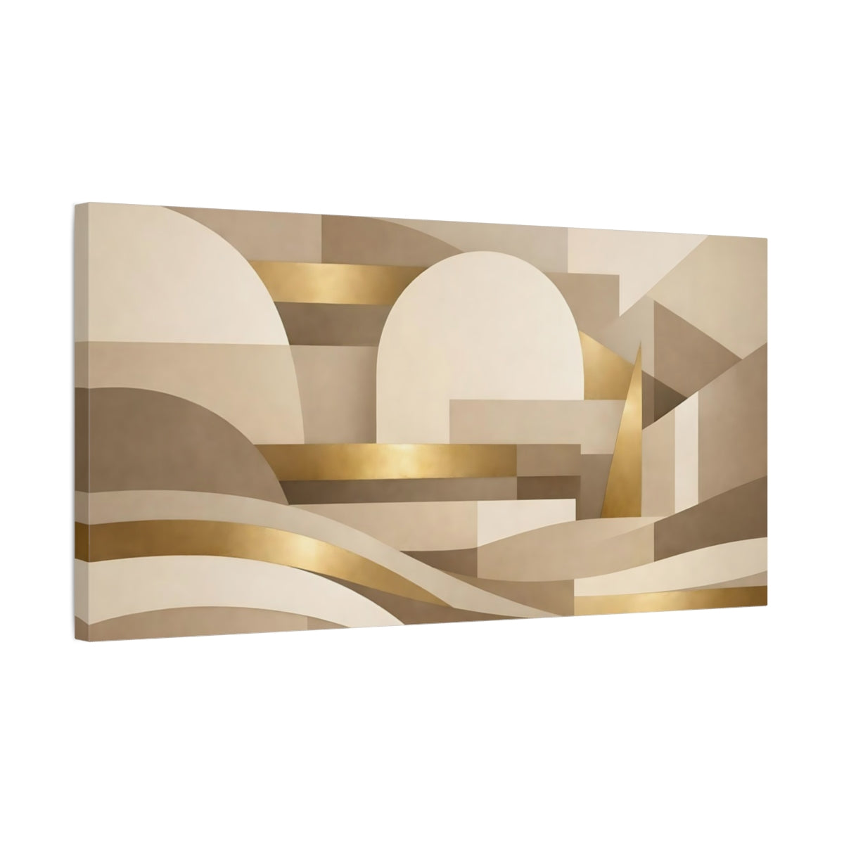 Side Mockup 2. Abstract Geometric Shapes Neutral And Gold Abstract shown as stretched canvas wall art