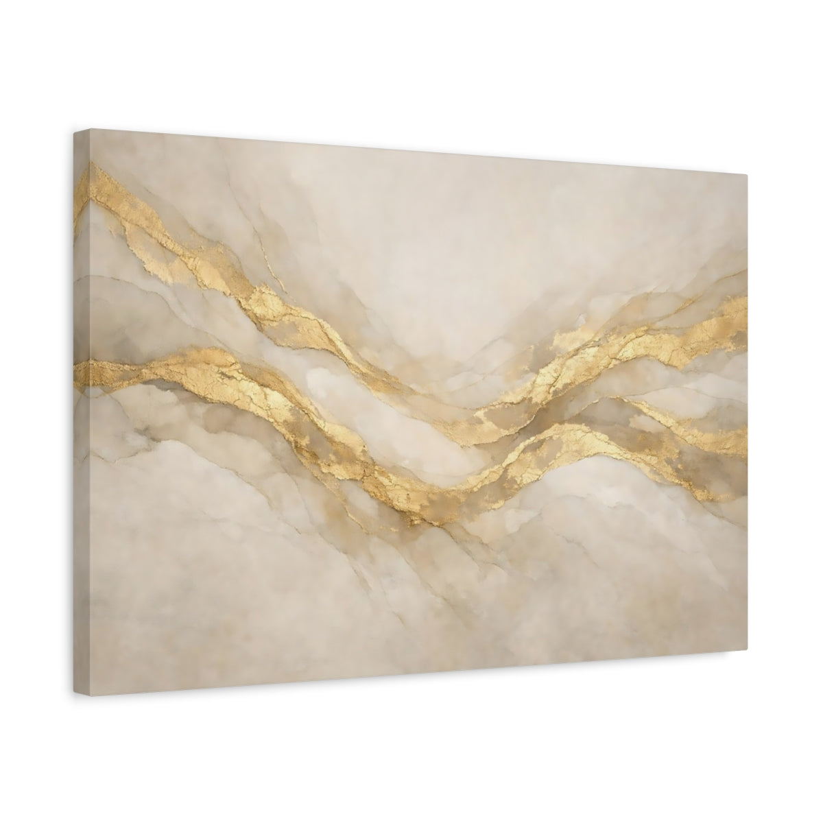 Side Mockup 3. Abstract Gold Veins Gold And Beige Abstract shown as stretched canvas wall art